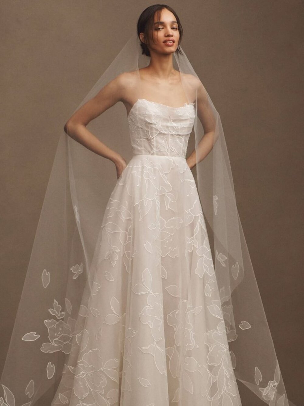 XXS/00 Jenny Yoo Lorelai Strapless Floral Ivory Embroidered Gown, Unaltered